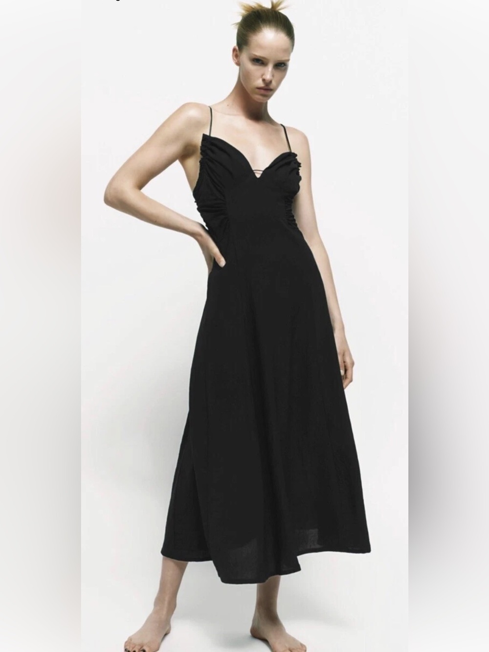 Zara Black Ruched Bust Slip Maxi Dress